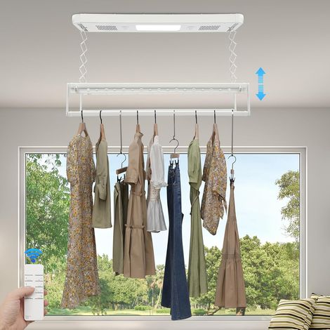 Séchoir à linge électrique pour montage au plafond, mural et au plafond avec ventilateur + télécommande + stérilisation à lumière bleue, étendoir à linge élévant, plafond, 130 à 215 cm, réglable (1/5)