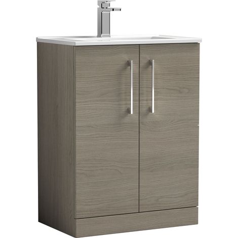 Balterley Bramshall Contemporary Bathroom Floor-Standing 2-Door Vanity Unit & Minimalist Basin, Solace Oak, 600 mm