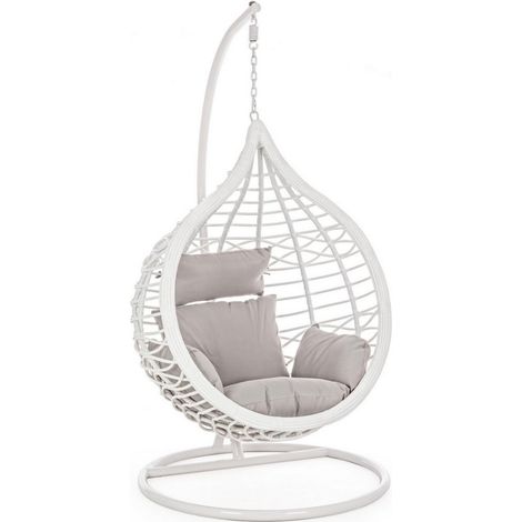 Poltrona a dondolo sospesa "Torres" per giardino e veranda in rattan con cuscino -Bianco (1/5)
