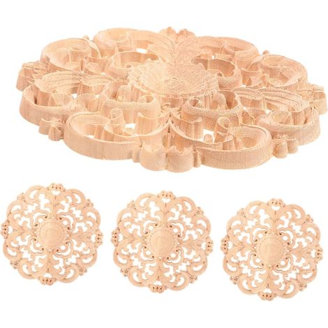 Appliques en bois sculpté, lot de 4, 10 cm, rondes, non peintes (1/5)