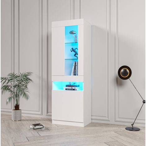 MEUBLIV Vitrine LED blanche 50x40x180 cm – étagères en verre, rangement fermé (1/5)