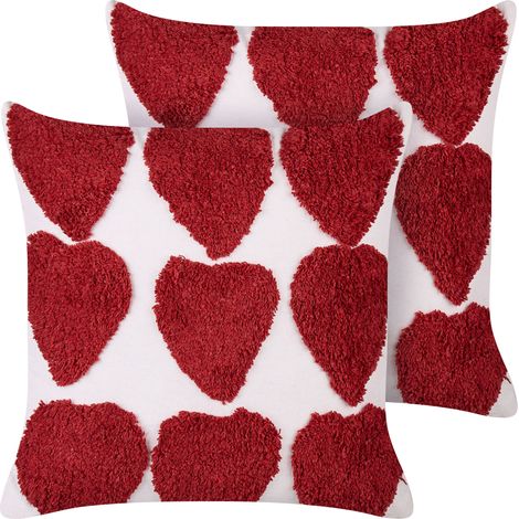 Conjunto de 2 cojines decorativos de algodón cuadrados blanco y rojo 45 x 45 cm Mingora (1/5)