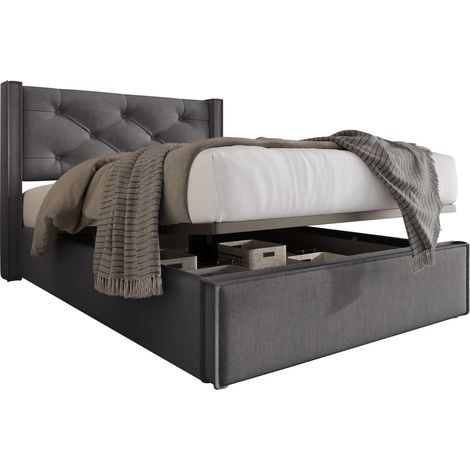 Cama con Arcón Individual 90 x 200 cm, Cabecero Acolchado y Somier Elevable, sin Colchón, Gris (1/5)