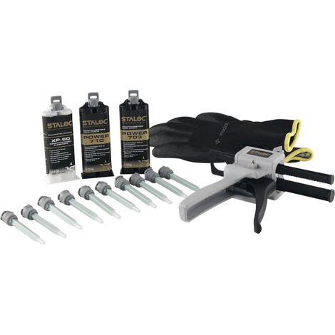 Staloc 2K Kleber Set - Kraftkleber und Konstruktionsklebstoff für Industrie, Bau und Handwerk, 5er Set 703/710/XP-60 + 2K Kleber Pistole + 10x Statikmischer (1/5)