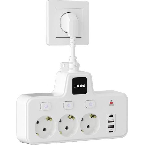 Multiprise EU murale à câble flexible, 3 prises + USB, interrupteurs indépendants, 2500W, protection surcharge,Blanc (1/5)