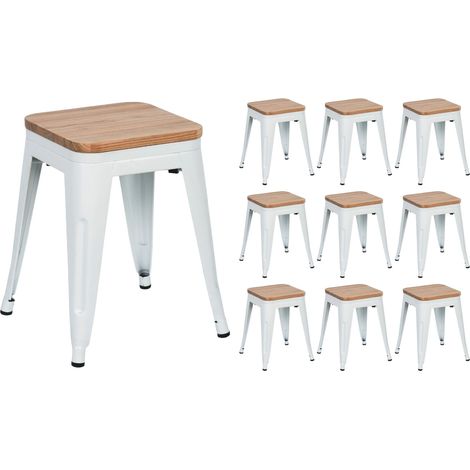 10er-Pack stapelbare, niedrige Industriehocker aus Stahl und Holz, 38 x 38 x 46 cm, Thinia Home