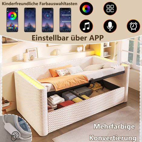 Lit de jour, canapé-lit, 90 x 200 cm, avec éclairage LED, mécanisme de rangement hydraulique, sommier à lattes (sans matelas), velours, beige (1/5)