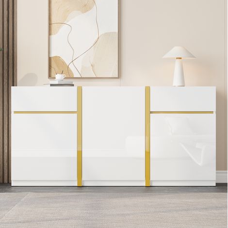 Sideboard aus MDF und Spanplatte, Weiß Hochglanz, 3 Türen und 2 Schubladen, verstellbare Einlegeböden, 160 x 40 x 78 cm (1/5)