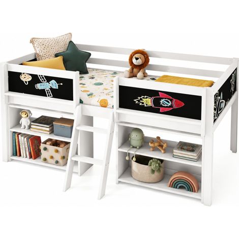 Letto a soppalco 90x200 cm in legno di pino e MDF, con sponde di sicurezza, scala, ripiani portaoggetti e lavagna, bianco per cameretta bambini - CHICFURN (1/5)