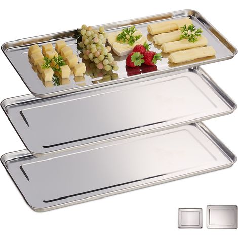 Relaxdays Servierplatte, 3er Set, Edelstahl, spülmaschinenfest, Wurst, Käse, Party, Schlemmerplatte, 45,5x22 cm, silber