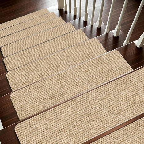 Lot de 15 tapis d'escalier autocollants pour intérieur, antidérapant, découpables, réutilisables, pour protéger les animaux de compagnie, les personnes âgées, les enfants (beige, 55 x 22 cm) (1/5)