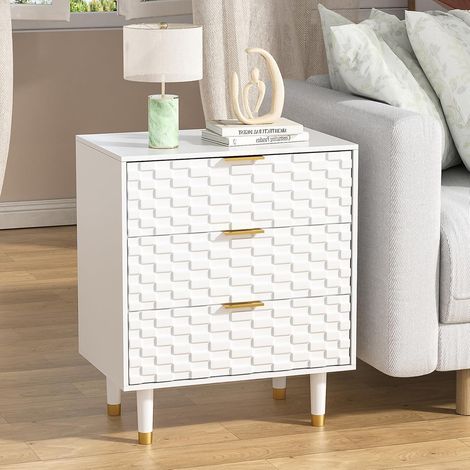 Bedside Table with 3 Wooden Drawers, 60 x 40 x 72 cm, White Embossed Bedside Table for Bedroom, Living Room (1/5)