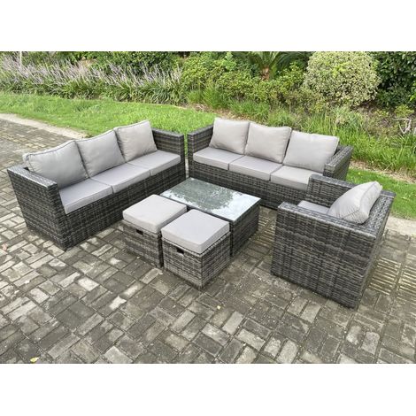 Fimous Wicker PE Rattan Sofa Set Outdoor Patio Garden Furniture with Armchair Oblong Coffee Table 2 Small Footstools Dark Grey Mixed (1/5)