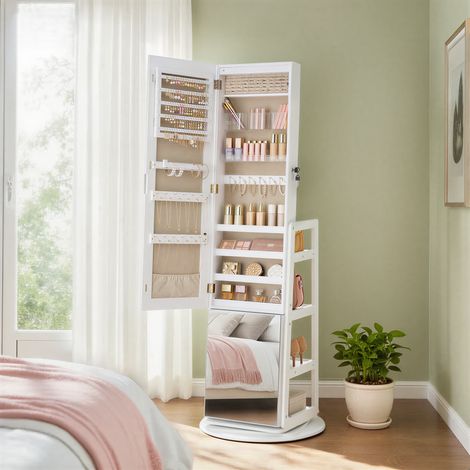 Meuble de Rangement, avec Miroir, Armoire à Bijoux Pivotante à 360°, Éclairage, pour Chambre, Entrée, Blanc