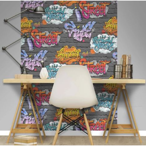 Muriva Faux Black Brick Wall Effect Graffiti Text Children Teen Wallpaper
