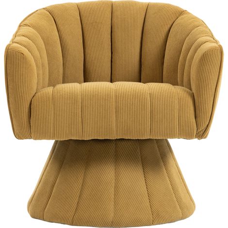 Fauteuil pivotant 360° en velours côtelé jaune moutarde avec dossier ergonomique et accoudoirs enveloppants, pour bureau ou salon (1/5)