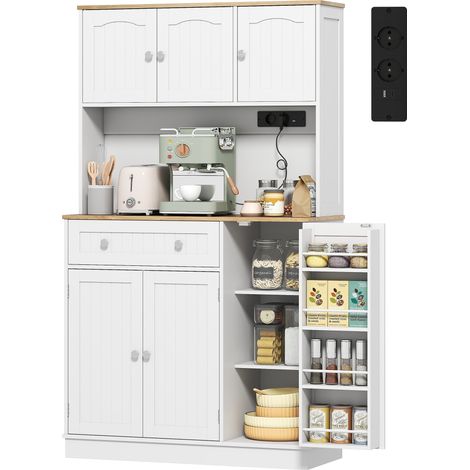 Buffet haut cuisine armoire station charge 6 portes plan travail porte-épices, 100x40x173 cm, blanc (1/5)