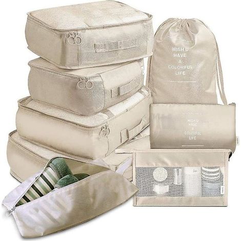 Ensemble de 8 organisateurs pour valises, sacs de rangement, cubes de rangement, sacs de voyage, cadeaux beige (1/5)