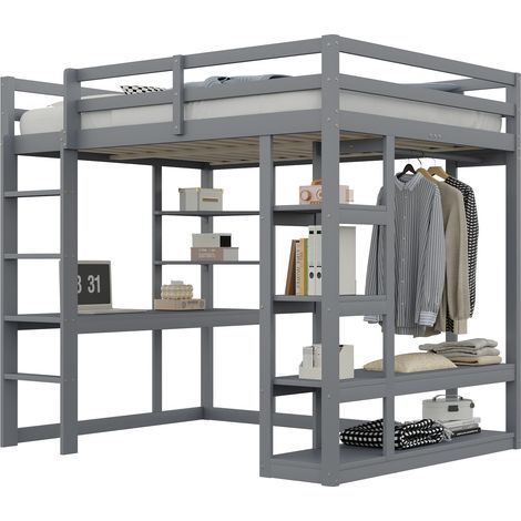 Lit mezzanine en bois gris 140x200 cm avec bureau, étagères et penderie, sommier à lattes inclus (1/5)