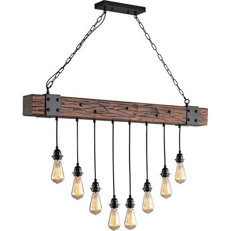 Suspensions de style champêtre pour îlot de cuisine, lustre rustique en bois avec 8 douilles E27, Luminaire (1/5)