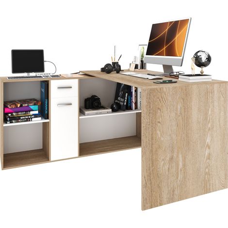 Scrivania Multiposizione Multiuso Con 6 Scompartimenti Scrittoio Mobile per Computer Laptop Desk Ufficio Soggiorno Sala da Pranzo Camera Design Moderno Bocas 120 x 75 x 120 Cm (Bianco E Rovere) (1/5)