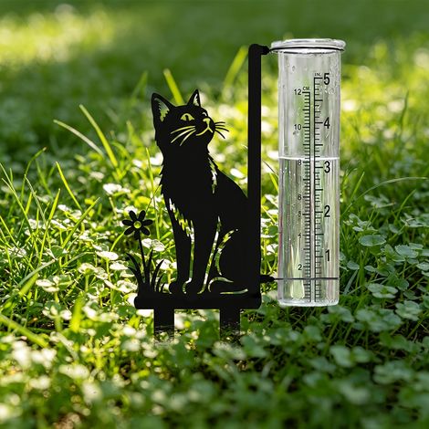 Piquet de jardin avec pluviomètre motif chat en métal, décoration originale pour pelouse, massif et extérieur (1/5)