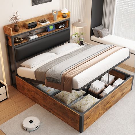 lit coffre 140x200 avec USB tête de lit noir HAVRYA (1/5)