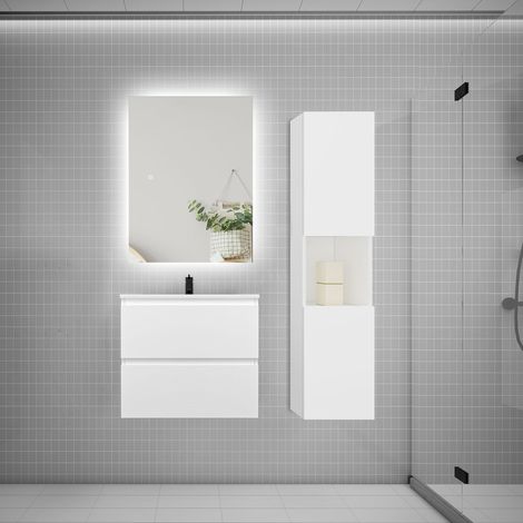 Ensemble meuble blanc et vasque L.60cm 2 tiroirs + colonne1 haut + lavabo + miroir 80x60cm-suspendu