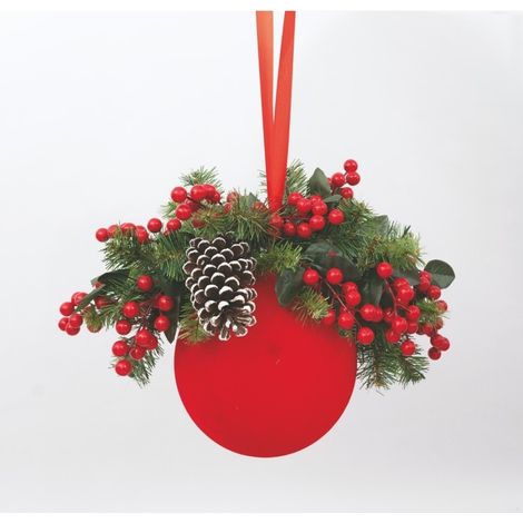 Sfera natalizia in PVC rosso velluto con bacche e pigne Ø20 cm