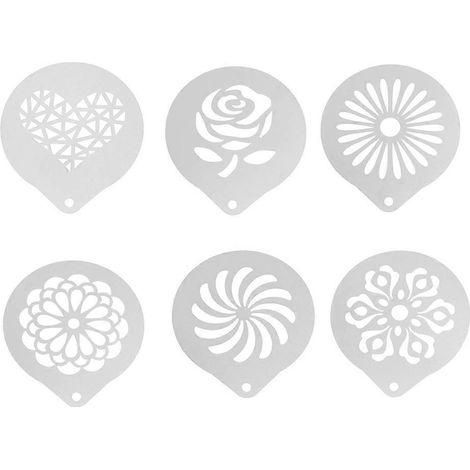 Lot de 6 pochoirs à café en acier inoxydable pour la création de motifs de café à faire soi-même-9.5X8.5X0.02CM-Silver