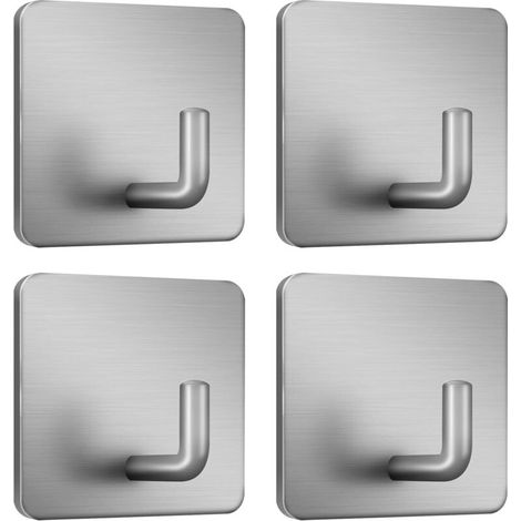 Adhesive hooks for towels, for hanging dresses, coats, wall hooks, stainless steel, pack of 4 (silver)