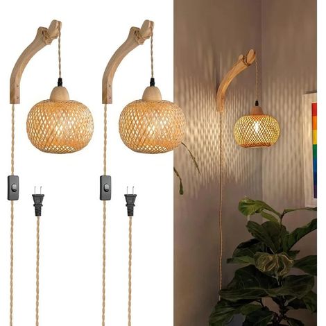 Applique murale en bambou tressé avec câble d'alimentation de 3 m, idéale pour le salon, la chambre ou une maison de campagne rustique. (1/5)