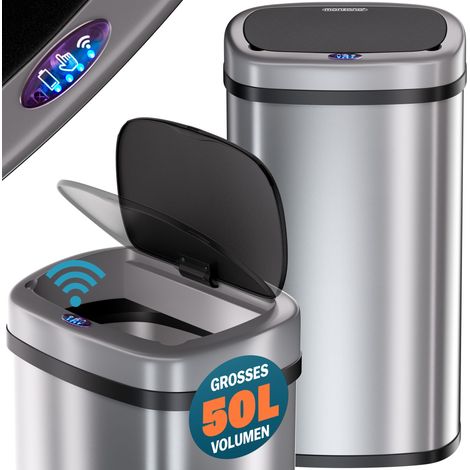 MONZANA® Kitchen Bin with Sensor 50L   Stainless Steel Electric Lid  Battery or USB Power  LED Display  Silver