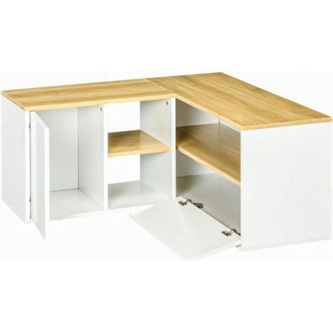 Mueble TV esquinero en L con 3 estantes abiertos y 2 puertas 90 x 90 x 45 cm blanco y madera HOMVRA (1/5)
