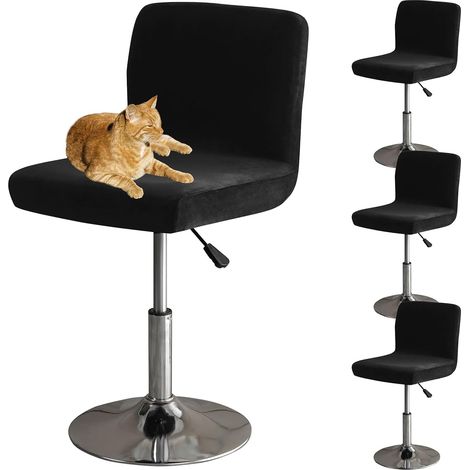 Housses De Chaise De Bar avec Dossier, Élastique Velours Tissu Housses De Tabouret De Pub Amovible Courte Arrière Pivotant Couverture De Chaise-Le Noir-4 Pièces (1/5)