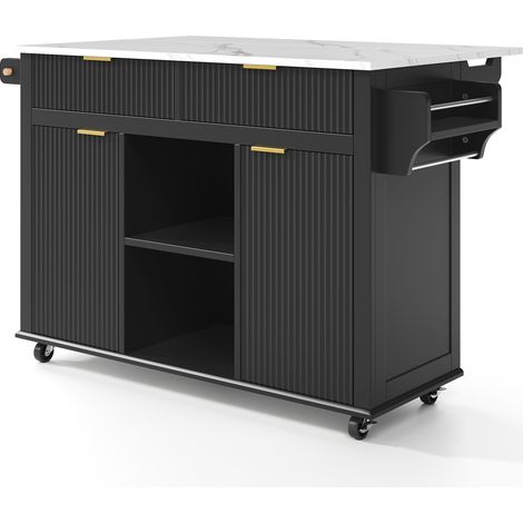 Isla de cocina con ruedas 143 x 45 cm, encimera abatible, 2 cajones, 2 puertas, MDF, negro (1/5)
