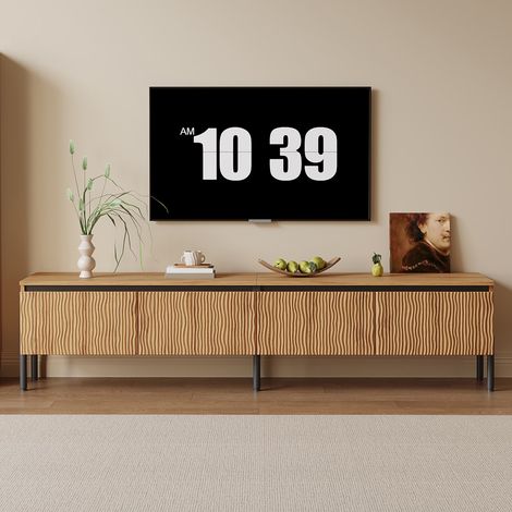 Meuble TV bas 180x35x43cm 4 portes ondulées rangement fermé passe-câbles panneau particules MDF pieds métal salon, naturel (1/5)