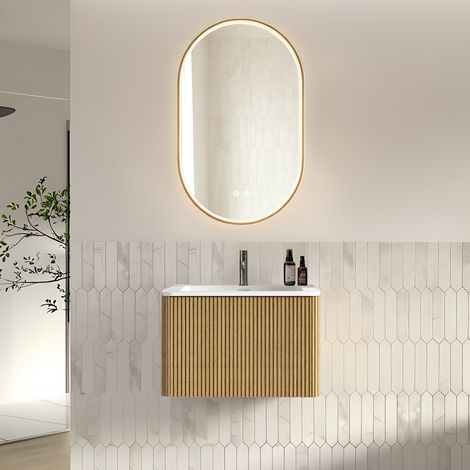 Ensemble de salle de bain Chêne avec vasque et miroir ovale doré strass, meuble sous vasque suspendu, largeur 60 cm, MDF, LED (1/5)