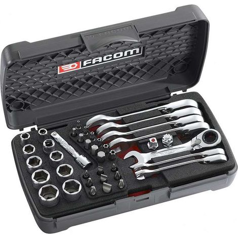 Facom – Mallette à outils mécanique 41 pièces – Clé à cliquet – Embouts, clés à 6 pans, douilles – Pour chantiers humides (1/3)