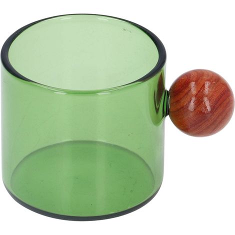 Verre à café vert, tasse en verre coloré, mug en verre avec anse en bois, lot de verres à thé, gobelet individuel en verre vert à boule bois. (1/5)