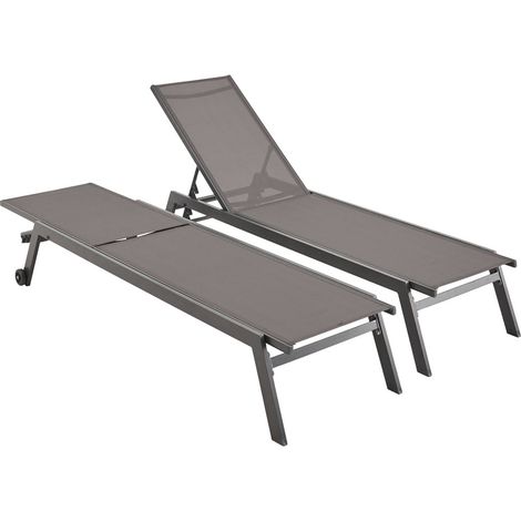 Lot de 2 bains de soleil ELSA en aluminium et textilène . transats multi positions avec roulettes Anthracite / Gris taupe