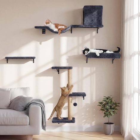 Étagères Murales pour Chat, 4 en 1 Ensemble de Meubles Muraux, Mur d'escalade en Bois avec Griffoir, Pont et Lit pour Chat, Gris (1/5)