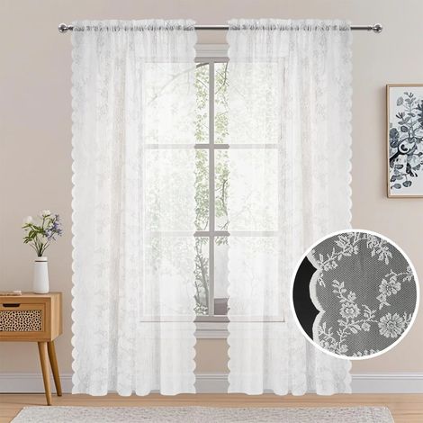 (Blanc, 100x140cm) Rideaux en dentelle vintage deux pièces, longs rideaux transparents style tringle, motif floral romantique. (1/5)