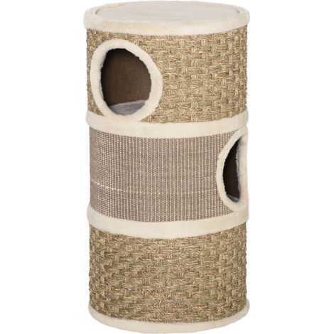 PawHut Katzenkratzbaum, Katzenbaum mit natürlichem Sisal und Seegras, bezogen mit Plüsch, 37,5 x 37,5 x 70 cm, Khaki und Kaffee