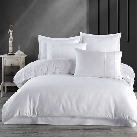Parure de lit Valinor 160x200 cm en satin de coton blanc de luxe haut de gamme avec dentelle guipure décorative (1/5)