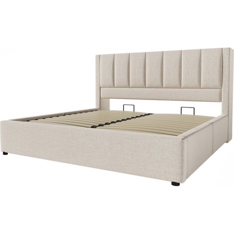 Letto imbottito 140x190 cm in lino beige con contenitore, prese USB e tipo C (1/5)