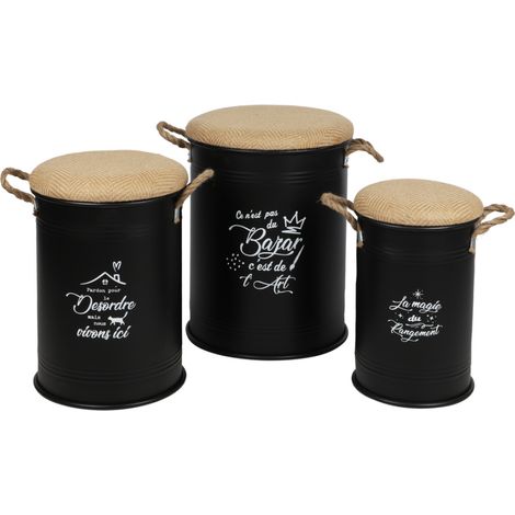 Lot de 3 pouf en forme de bidon rétro en métal et jute "Loft & Metal"- Noir - D 40/34/28 x H 55/50/45 cm - Livraison gratuite