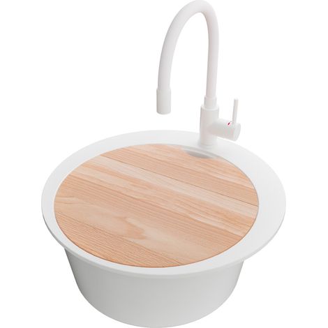 PRIMAGRAN Evier cuisine Granit Rond 50x50cm,Evier 1 bac + Robinet 38x14cm + Kit de Vidage + Planche à Découper, Lavabo Cuisine au meuble 45cm - Pise, Blanc (1/5)