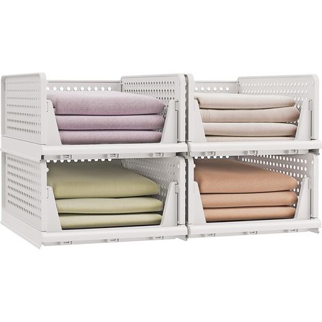 Organisateur d’Armoire Pliable, Lot de 4, Tiroir Coulissant Empilable, Panier, Étagère de Rangement, en Plastique, pour Chambre, Bureau, Salle de Bain, Blanc (1/5)