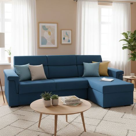 Sofá Cama con Chaiselongue Ganzaria, Desenfundable, Almacenaje Made in Italy, Hidrófugo Multiposición, 285x160 cm azul (1/5)